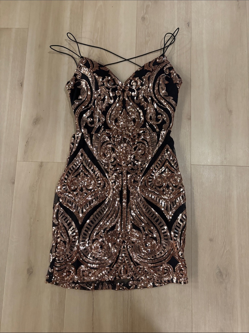 Windsor Homecoming Dress Black Mini Dress with Rose Gold Sequin Embellishment